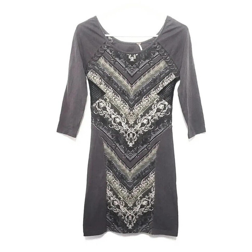 Free People Out Of Africa 3/4 Sleeve Gray Mini Dress Size S Keyhole Back Mesh